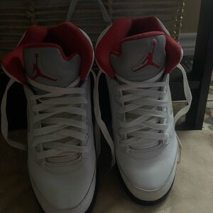 Jordan Mens White and Red High-Top Sneakers